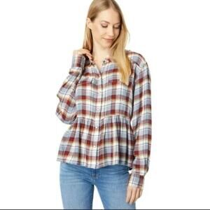 Lucky Brand Feminine Flannel Shirt Ruffle Size XL Burgundy & Grey Plaid chore